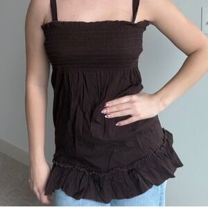 Vintage Y2K Brown Cotton Smocked‎ Babydoll Top
